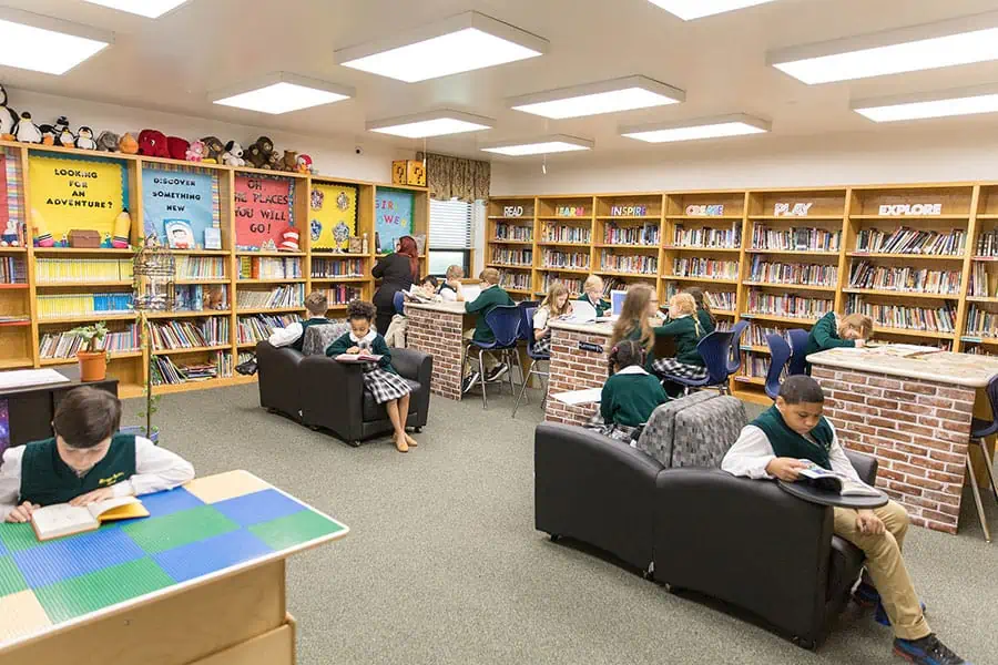 Manassas Christian School, Library full of students reading and learning